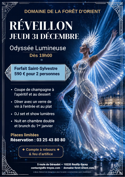 Réveillon 2026-2027, Odyssée Lumineuse, jeudi 31 décembre dès 19 h. Forfait Saint-Sylvestre 590 € pour 2 personnes.