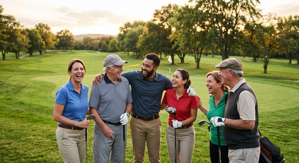 Groupe de golfeurs souriants et conviviaux sur le parcours, association ASGFO